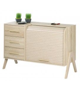Rangement design scandinave bois clair 3 tiroirs et 1 rideau déroulant Vintagy - 