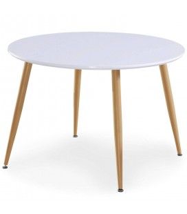 Table blanche ronde avec pieds bois clair style scandinave Nina