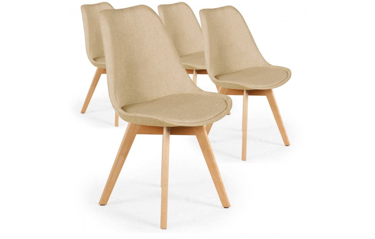 Chaise en tissu et pieds bois style scandinave - Lot de 4