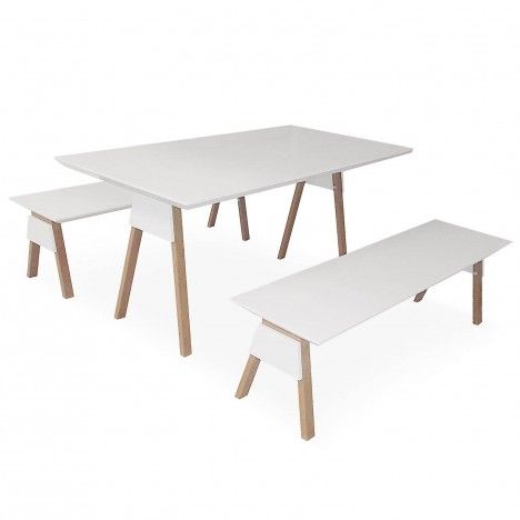 Ensemble table et bancs blanc et bois chêne clair Ema - 