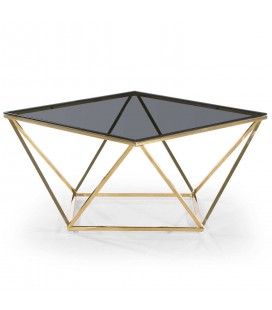 Table basse carré design en métal doré plateau verre fumé Star