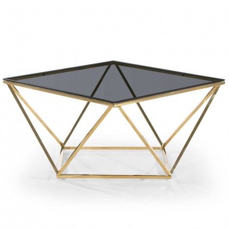 Table basse carré design en métal doré plateau verre fumé Star - 