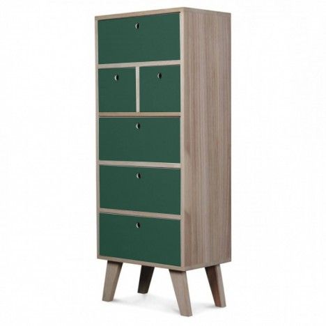 Meuble scandinave vert colonne de rangement en bois 6 tiroirs Boreal - 