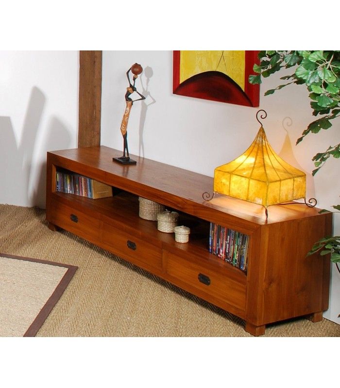 meuble tv en bois massif avec 3 tiroirs style vintage joca