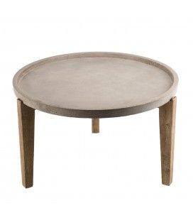 Table basse ronde tablette en béton 80x80cm et bois massif PRESTIGE