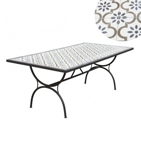 Table de jardin 200x100cm carreaux de ciment pieds noir arc métal VICK