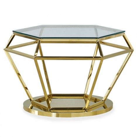 Table basse hexagonale en verre et pieds métal doré