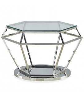 Table basse hexagonale en verre et pieds métal argenté