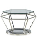 Table basse hexagonale en verre et pieds métal doré
