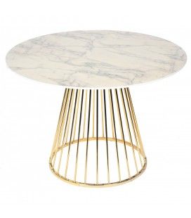 Table à manger en bois blanc et pied doré en métal