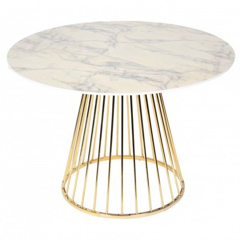 Table à manger en bois blanc et pied doré en métal