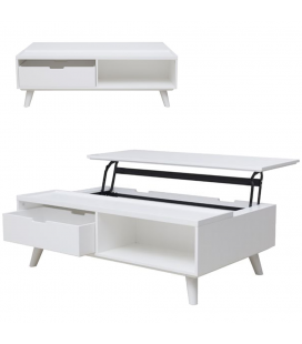 Table basse coffre blanche avec plateau relevable + tiroir Ferdina