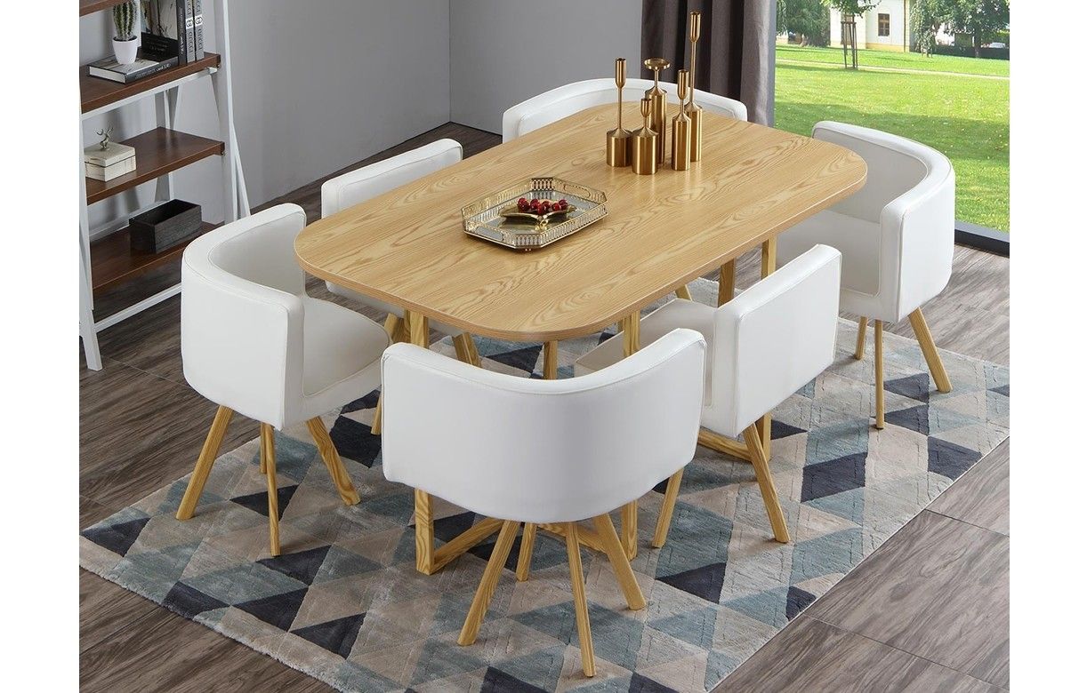Table cuisine et 6 chaises encastrables bois et blanc
