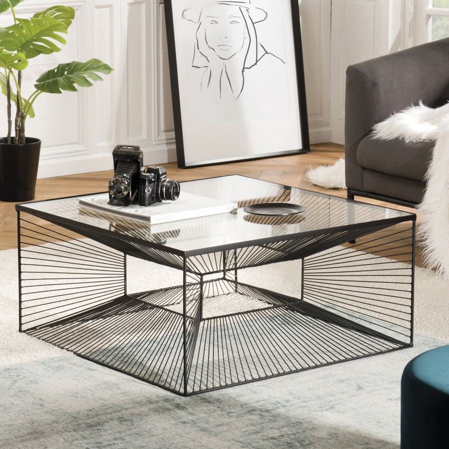 Table basse de Salon Carrée 80cm Verre Transparent Métal Noir Scandinave Design 