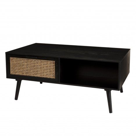 Table basse noire 2 tiroirs cannage rotin 1 niche IBAGUE