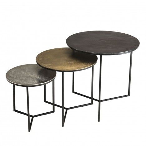 Set de 3 tables gigognes rondes aluminium noir doré argenté - pieds métal DODOMA
