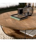 Table basse coque noire double plateau 120 x 120 cm bois Teck recyclé et métal SULA