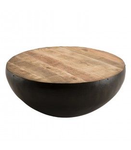 Table basse ronde 70cm bois de Manguier massif et métal ROMAO