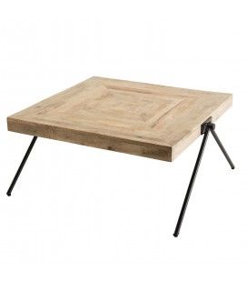 Table basse carrée bois de Manguier massif pieds métal compas ROMAO