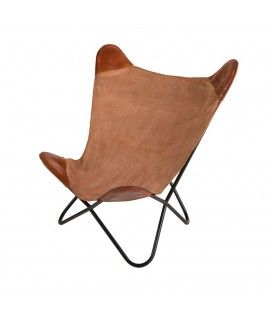 Chaise fauteuil butterfly pliable marron en toile et cuir ROMAO