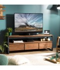 Meuble TV 3 tiroirs et 1 étagère bois Teck recyclé et métal SULA