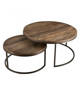Set de 2 tables basses rondes teck massif bois brut et métal SULA