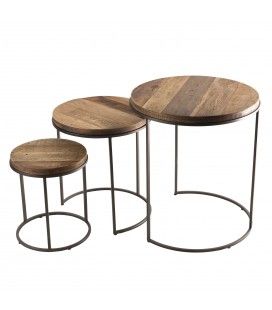 Set de 3 tables d'appoint rondes gigogne bois Teck recyclé Acacia Mahogany pieds métal SULA