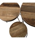 Set de 3 tables d'appoint rondes gigogne bois Teck recyclé Acacia Mahogany pieds métal SULA