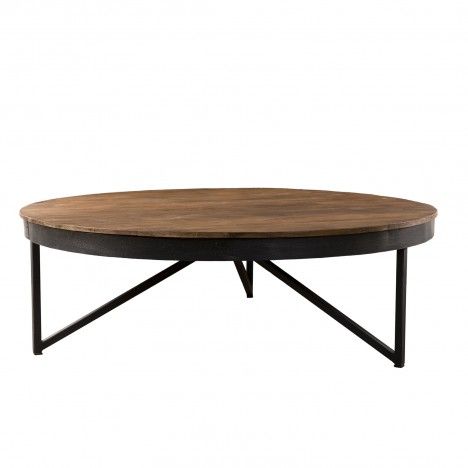 Table basse ronde 110x110cm bois Teck recyclé pieds métal SULA