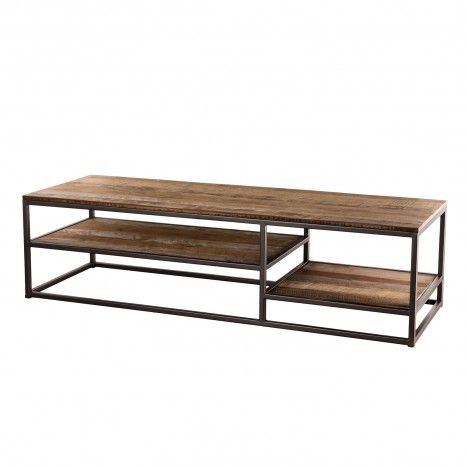 Table basse rectangle bois massif et métal 2 étagères SULA
