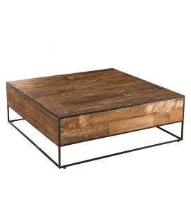 Table basse carrée bois massif teck brut et métal 100cm SULA