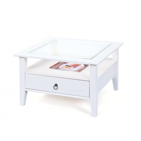 Table basse blanche avec tiroir et plateau en verre 75cm Lambesc