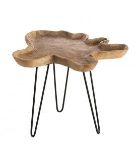 Table d'appoint bois teck massif - plateau forme naturelle - pieds épingles scandi métal KLARA