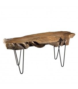Table basse forme naturelle bois teck massif - pieds épingles scandi métal KLARA