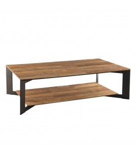 Table basse 120x70cm avec tablette bois teck massif recyclé pieds métal MADY