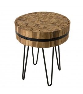 Table d'appoint ronde 45x45cm bois teck massif recyclé cerclée métal pieds épingles métal BEBIDA