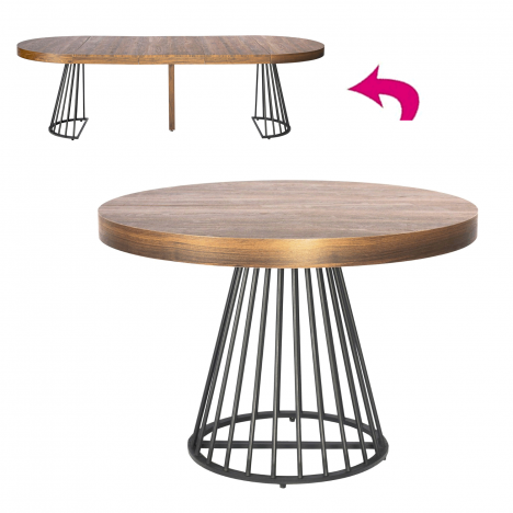 Table ronde bois foncé avec rallonge 260cm pied noir Grivaro - 