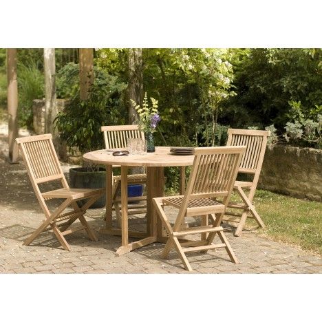 Table ronde de jardin pliable 120cm + 4 chaises teck massif FUN