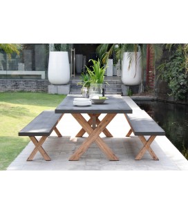 Table et bancs de jardin en bois bois massif et ciment gris