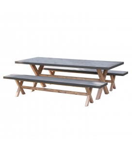 Table de jardin + 2 bancs en bois massif et béton PRESTIGE