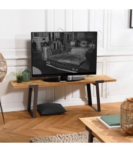 Meuble banc TV métal noir et plateau bois massif MADERA