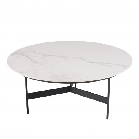 Table basse ronde 80cm plateau effet marbre et métal noir Dinodo