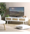 Meuble TV blanc 120cm avec 3 tiroirs en rotin Santo