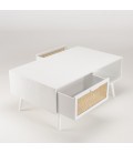 Table basse blanche 100cm avec rangement et 2 tiroirs rotin Santo