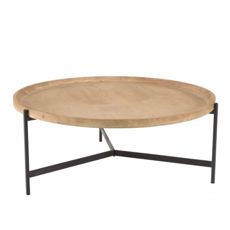 Table basse ronde 100x100cm plateau naturel pieds métal noir VICTOIRE