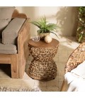 Tabouret beige assise en bois de teck recyclé SULA