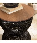 Table d'appoint en rotin noir plateau en bois de teck recyclé SULA