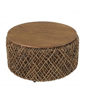 Table basse ronde style nature en fibres de coco et bois massif 70cm SULA
