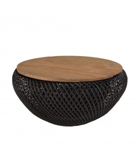 Table basse ronde avec coffre 65cm en rotin noir et bois massif SULA