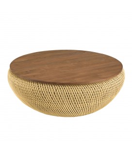 Table basse ronde 100cm en rotin et bois avec coffre SULA